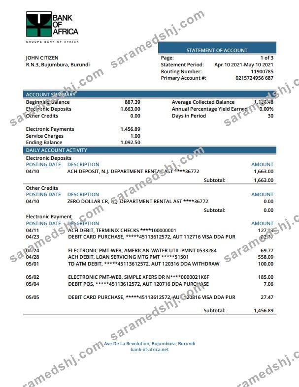 Burundi Bank of Africa bank statement Word and PDF template